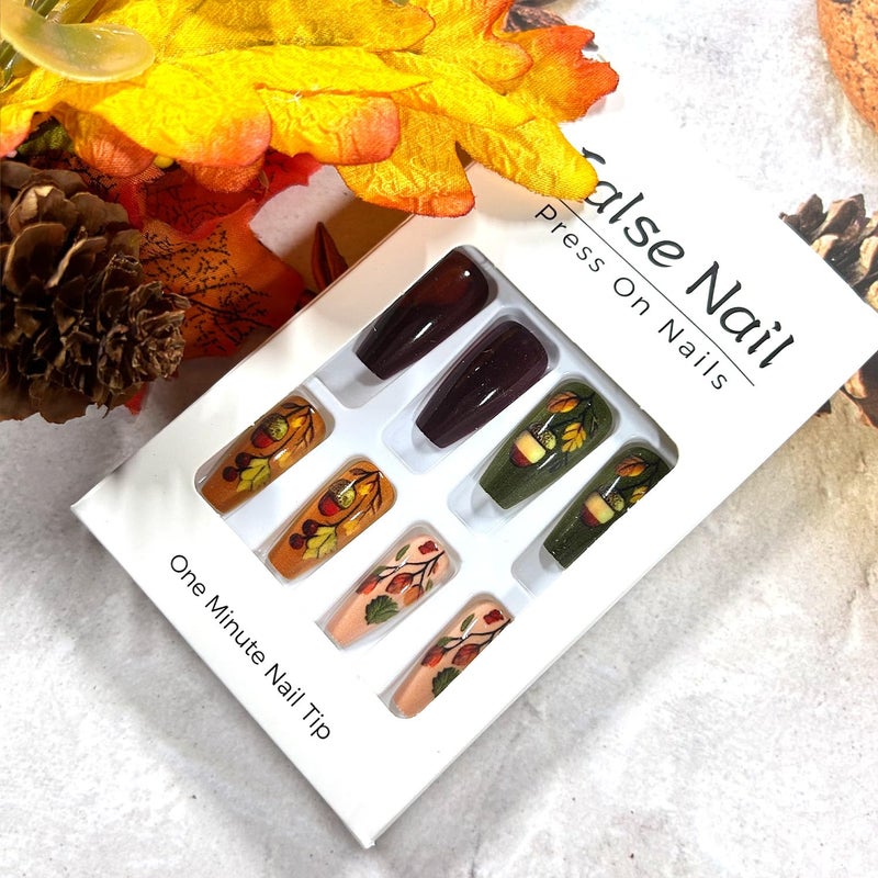 CJDLTS Thanksgiving Press on Nails Medium Ballet Shaped Fall Maple Leaf Pumpkin Pattern Acrylic False Nail Full Cover Glossy Autumn Stick on Nail Festival Artificial Fingernails Glue on Nails for Women 24Pcs - Image 5